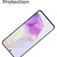 Smartphone with screen protector on a white background, emphasizing drop protection feature.