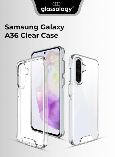 Samsung Galaxy A36 clear case with Glassology branding on a white background