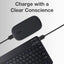 Black keyboard and mouse with a cable on a light gray background, featuring text 'Charge with a Clear Conscience'.
