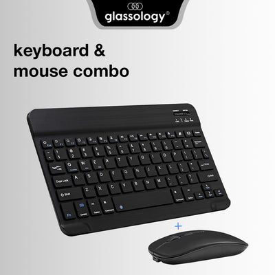 Black keyboard and mouse combo with Glassology branding on a light gray background