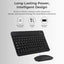 Black keyboard and mouse set with text about long-lasting power and intelligent design on a gray background.
