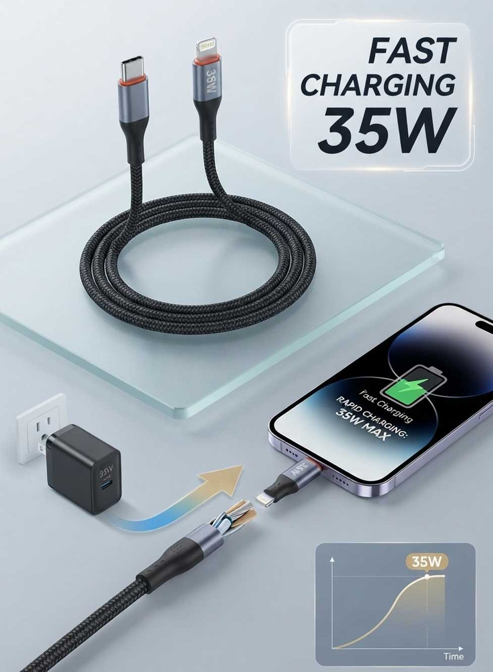 Glassology USB C to Lightning Cable 1M, 35W Fast Charging Cable, Durable Braided Nylon Charging Cord with Reinforced Metal Connectors