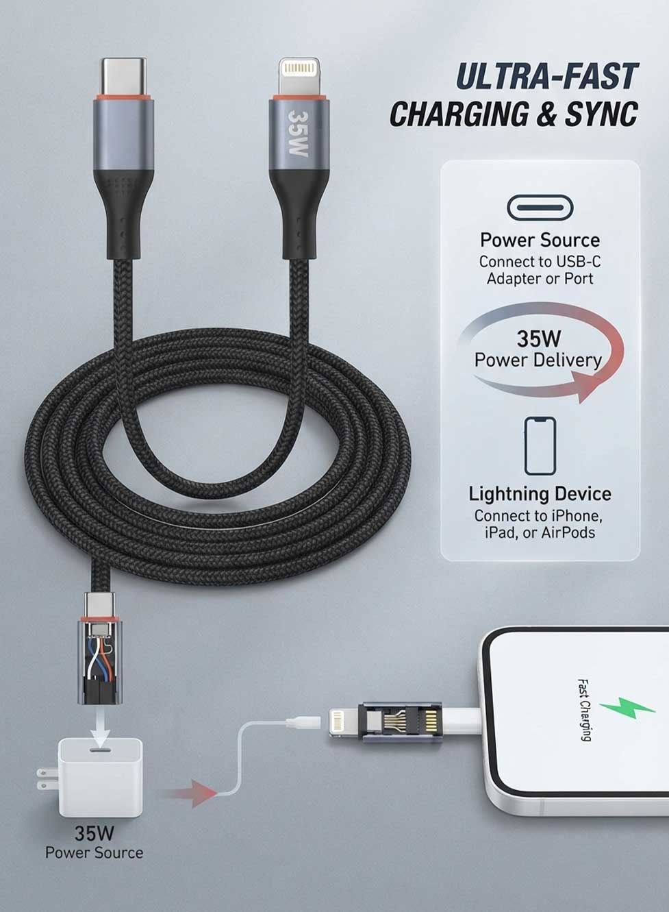 Glassology USB C to Lightning Cable 1M, 35W Fast Charging Cable, Durable Braided Nylon Charging Cord with Reinforced Metal Connectors