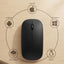Black mouse with compatibility icons for macOS, Android, Windows, iOS/iPadOS, and Linux on a wooden surface.