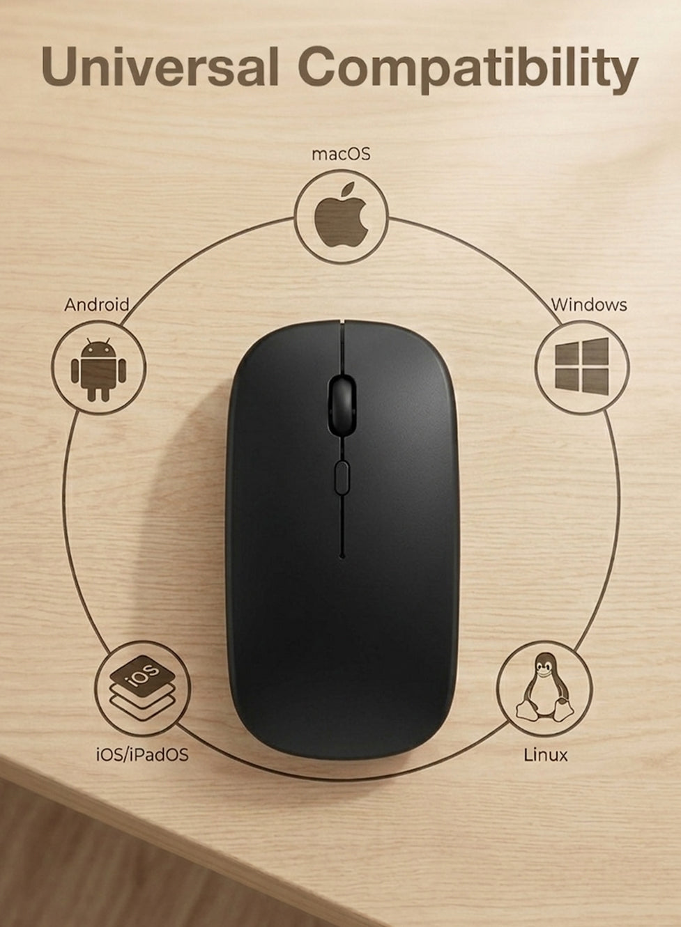 Black mouse with compatibility icons for macOS, Android, Windows, iOS/iPadOS, and Linux on a wooden surface.