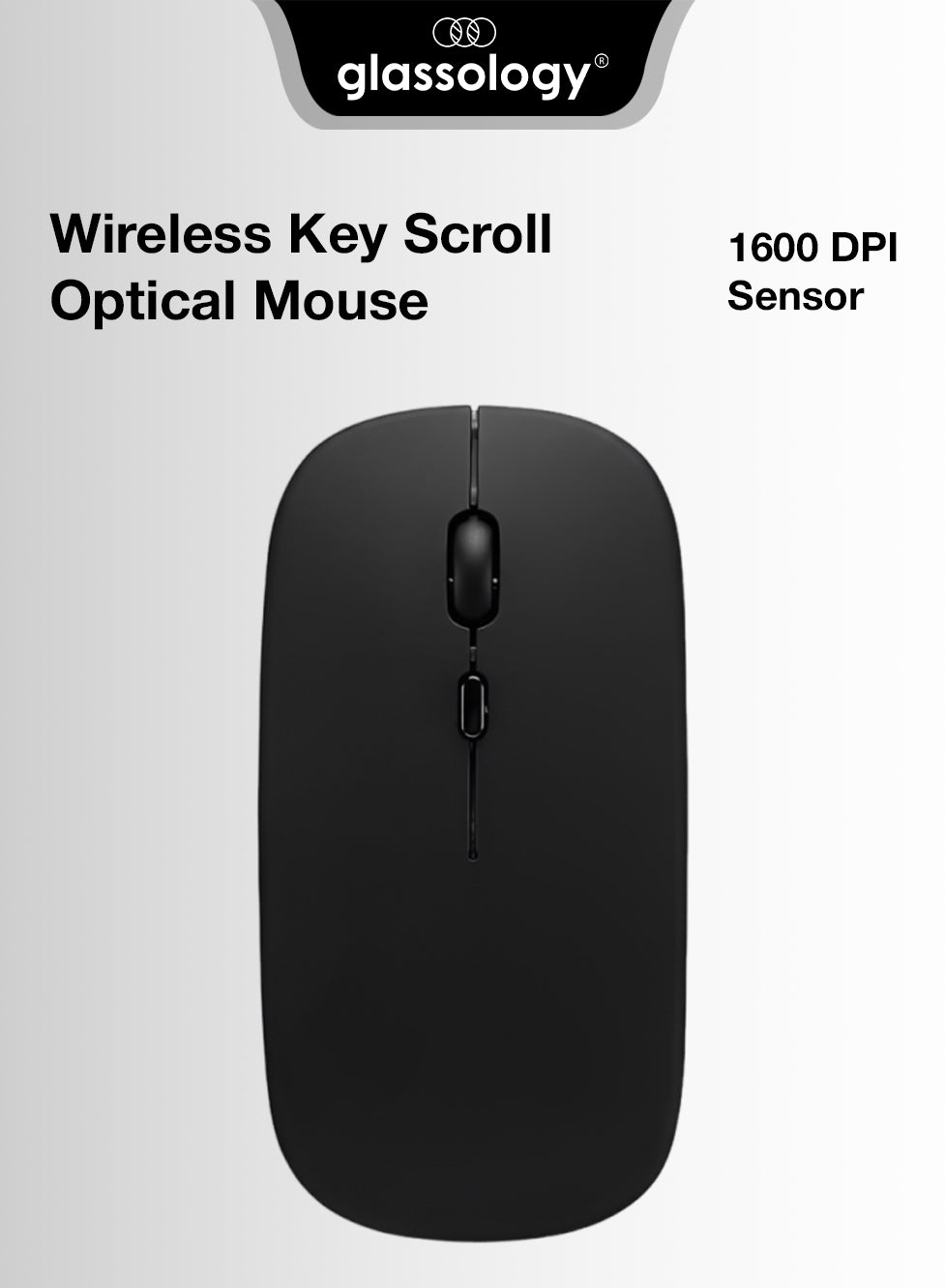 Black wireless mouse with 'glassology' branding on a gray background