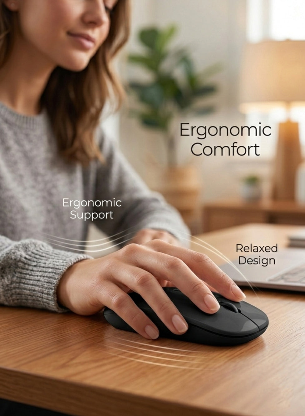 Person using an ergonomic mouse with text highlighting 'Ergonomic Comfort' and 'Ergonomic Support'.
