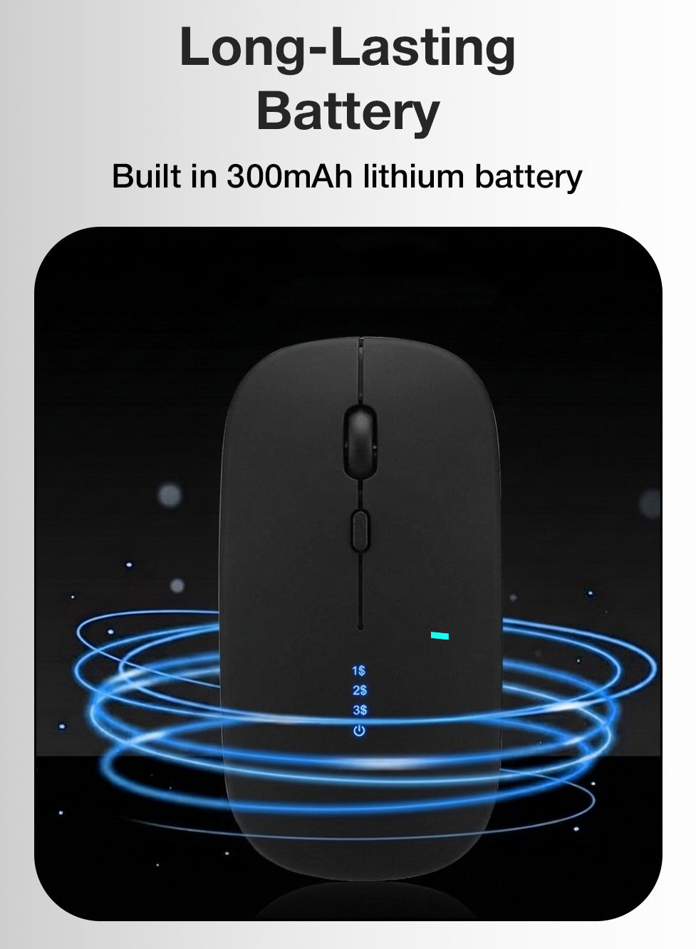 Black computer mouse with blue energy effect and text about long-lasting battery on a dark background