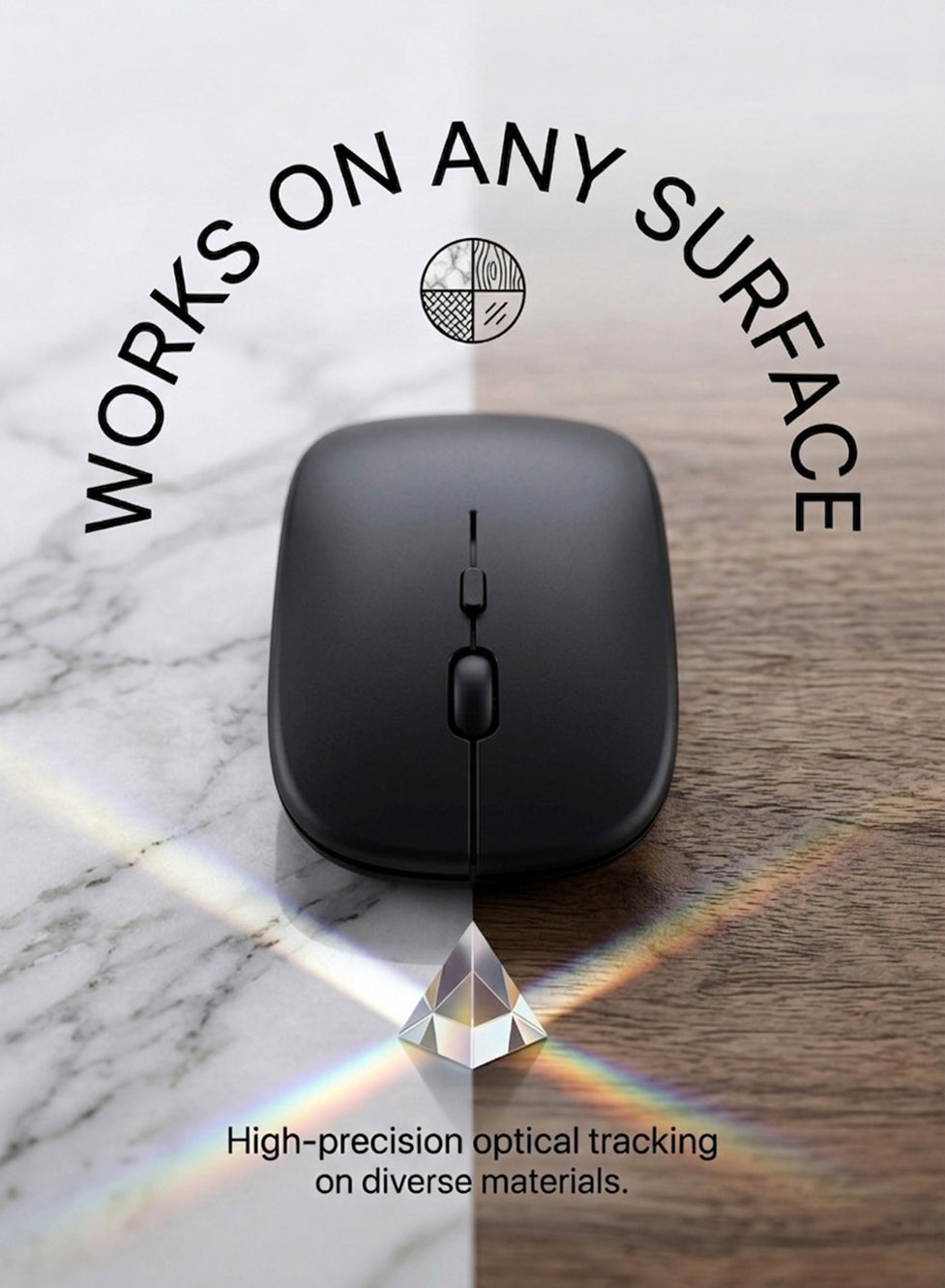 Black computer mouse on a marble and wood surface with text about high-precision optical tracking.