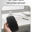 Black ergonomic mouse held in a hand with text about its design and portability.