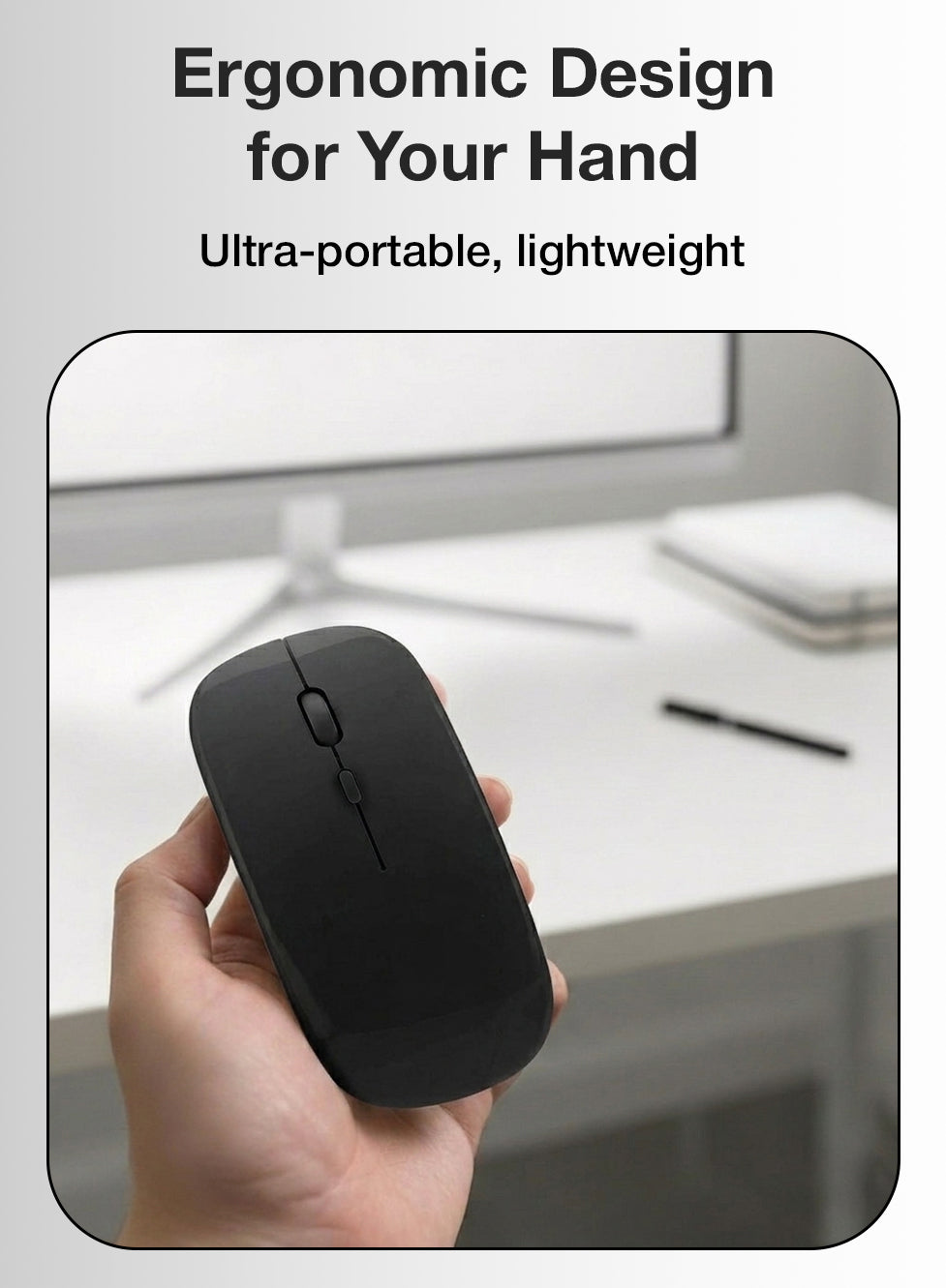Black ergonomic mouse held in a hand with text about its design and portability.