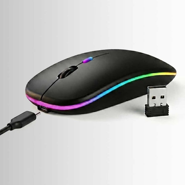 Black gaming mouse with RGB lighting and USB receiver on a light gray background