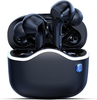 Black wireless earbuds in a charging case on a white background