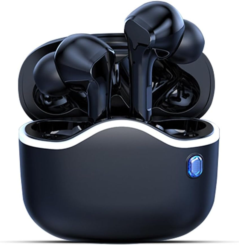 Black wireless earbuds in a charging case on a white background