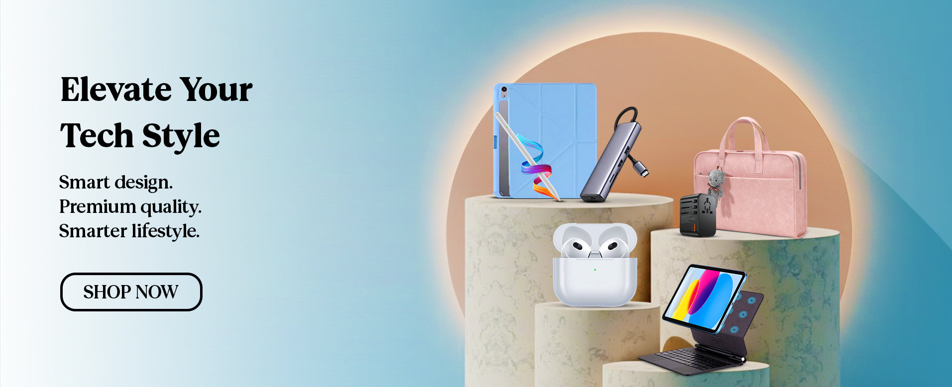 Tech products including a phone, earbuds, and a bag on a colorful background with promotional text.