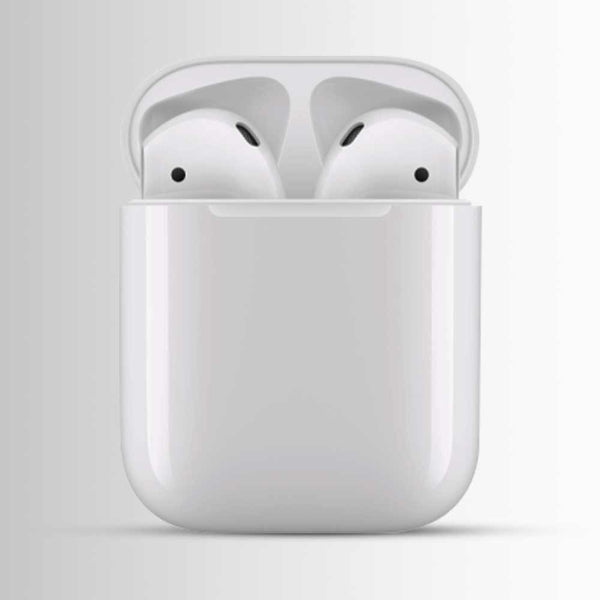 White wireless earbuds in their charging case on a light gray background