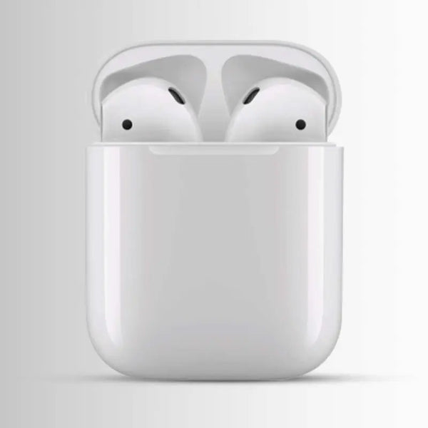 White wireless earbuds in their charging case on a light gray background