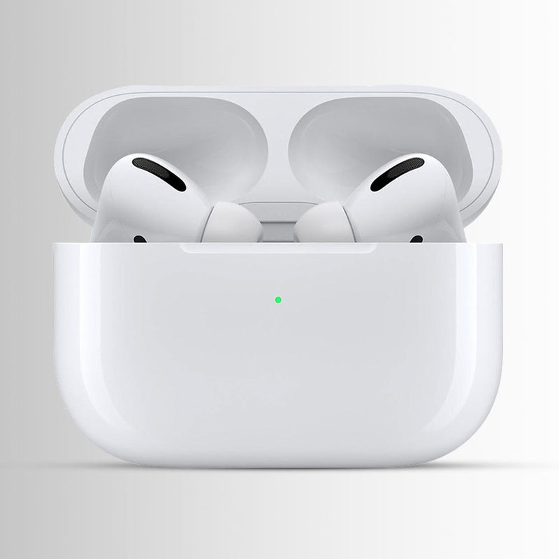 White wireless earbuds in a charging case on a light gray background