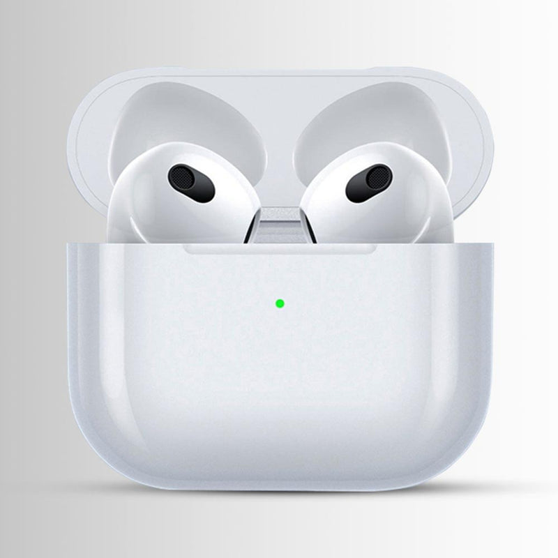 Wireless earbuds in a transparent charging case on a light gray background