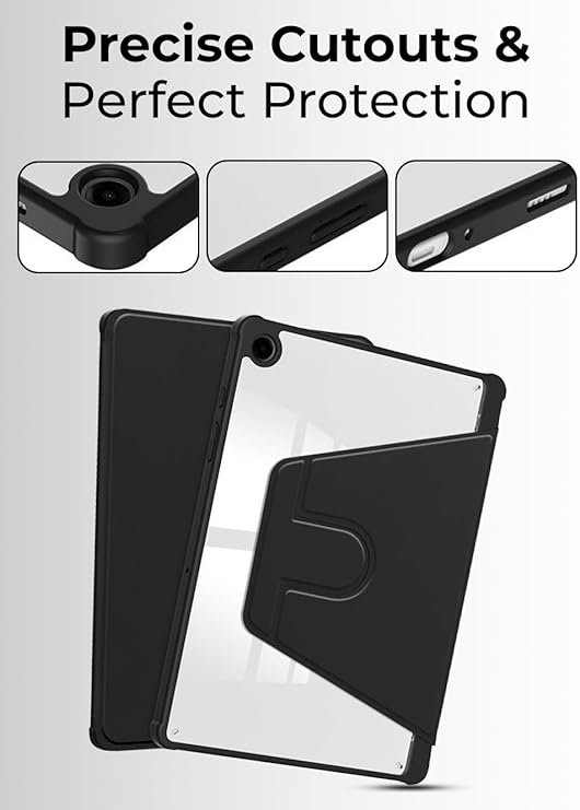 Black phone case with precise cutouts and perfect protection text, showing close-up details on a white background.