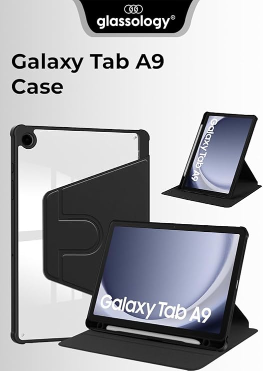 Black case for Samsung Galaxy Tab A9 with brand logo on a white background