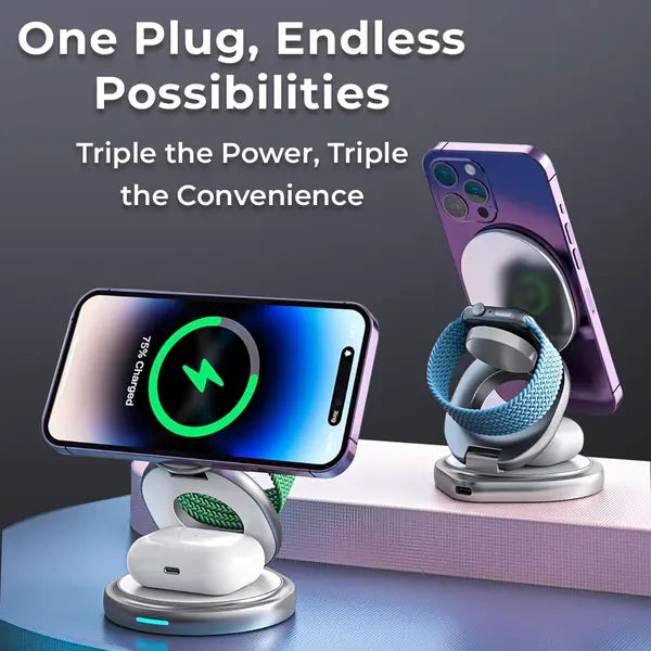 Glassology 3 in 1 MagSafe 15W 360 Degree Foldable Wireless Charger