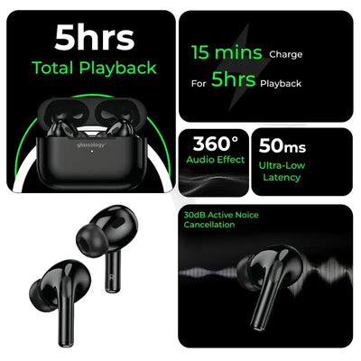 Glassology GTA 2 Earbuds Pro Truly Wireless  – ANC, Thumping Bass, Gaming Mode, MagSafe Charging, 5H+ Playtime –  Black