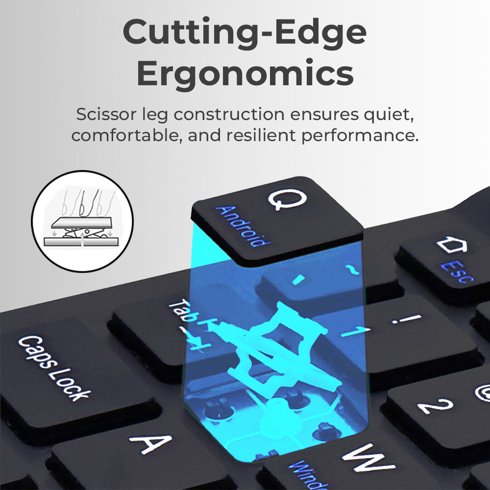 Keyboard with a focus on ergonomics, showing scissor leg construction and labeled keys.