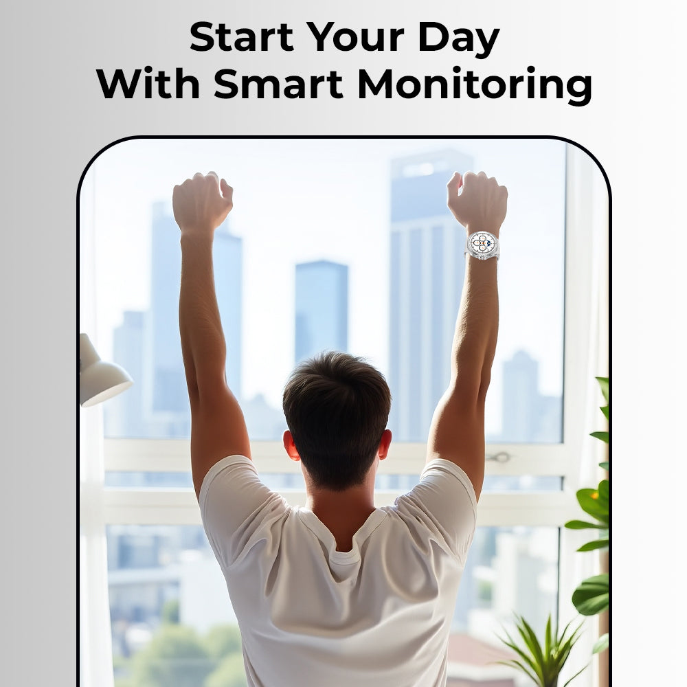 Person stretching with text 'Start Your Day With Smart Monitoring' and a watch on wrist.