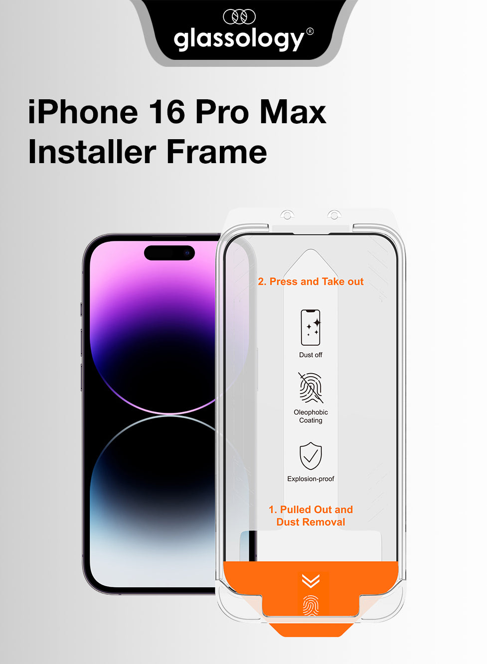 Glassology iPhone 16 Pro Max Installer Frame packaging with phone and screen protector on a white background