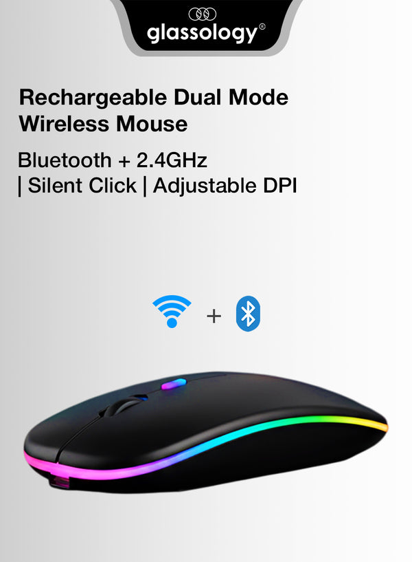 Glassology rechargeable dual mode wireless mouse with RGB lighting on a gray background