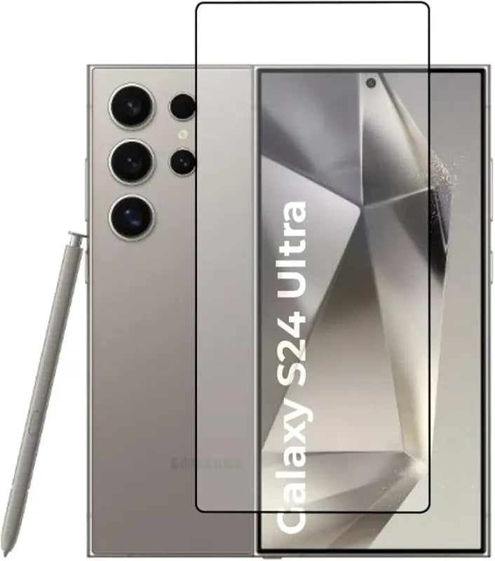 Samsung Galaxy S24 Ultra smartphone with a clear protective screen overlay on a white background