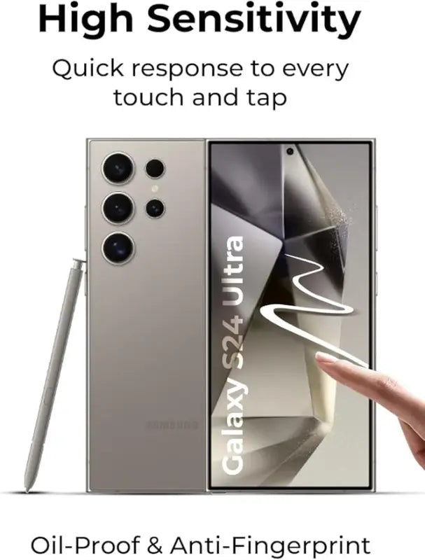 Samsung Galaxy S24 Ultra phone with stylus, highlighting high sensitivity and touch response features.