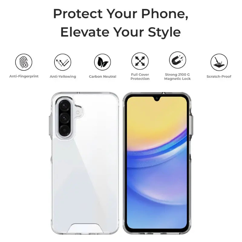 Phone case with features listed on a white background