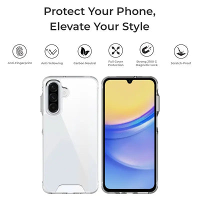 Phone case with features listed on a white background