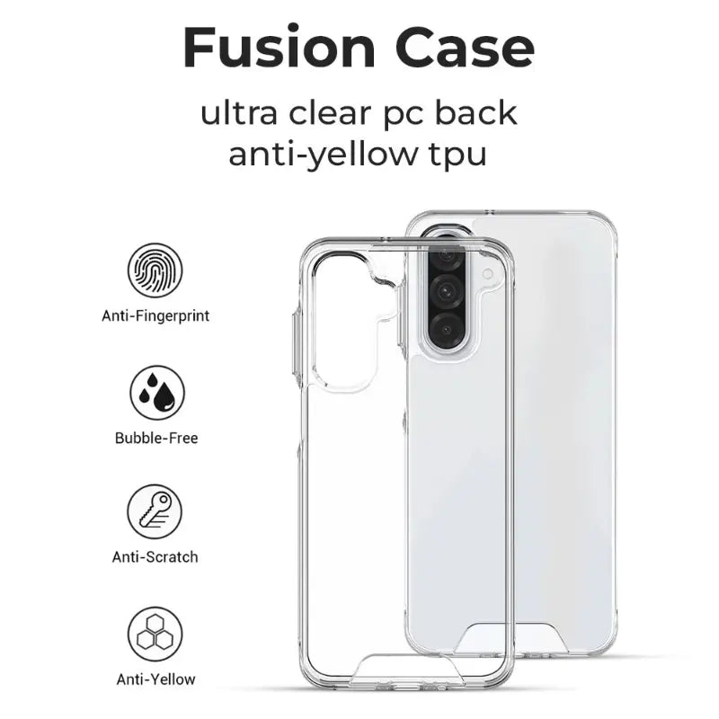Clear phone case with text highlighting features on a white background