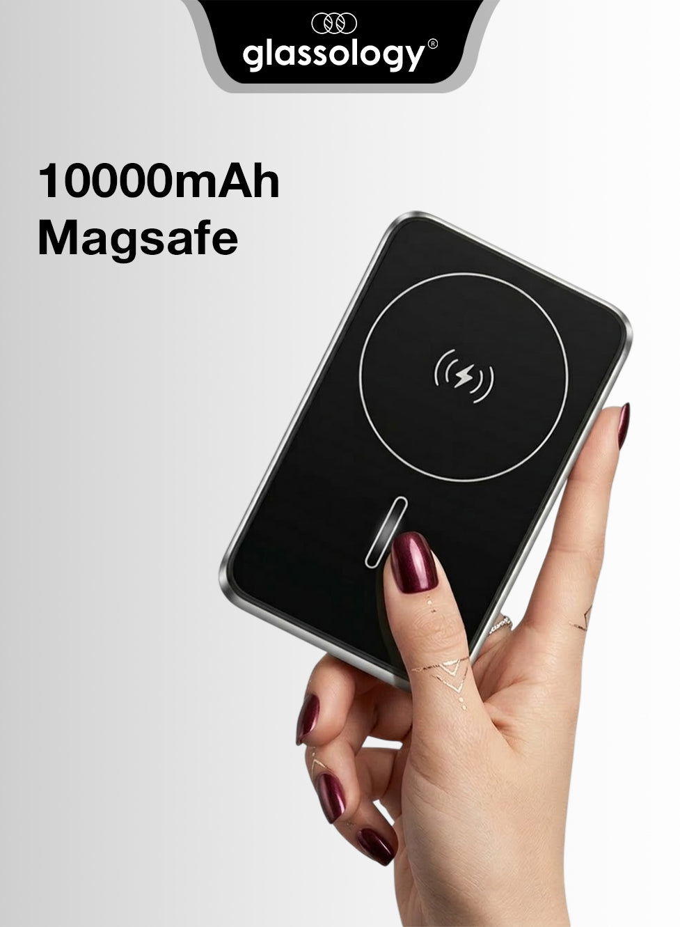 Glassology 10000mAh Magsafe device held by a hand with a white background
