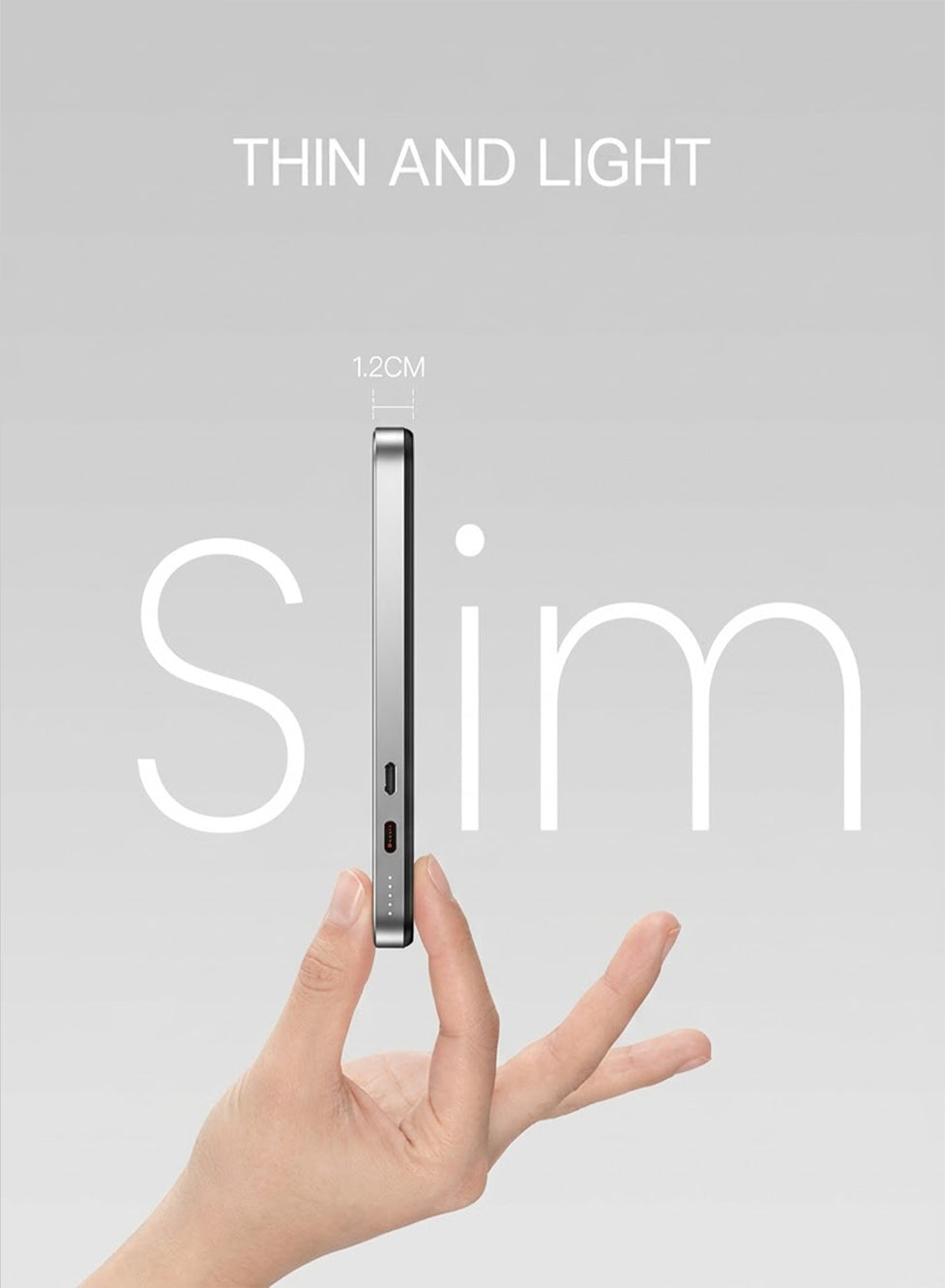 Phone case being held by a hand with text 'Thin and Light' and 'Slim' on a gray background