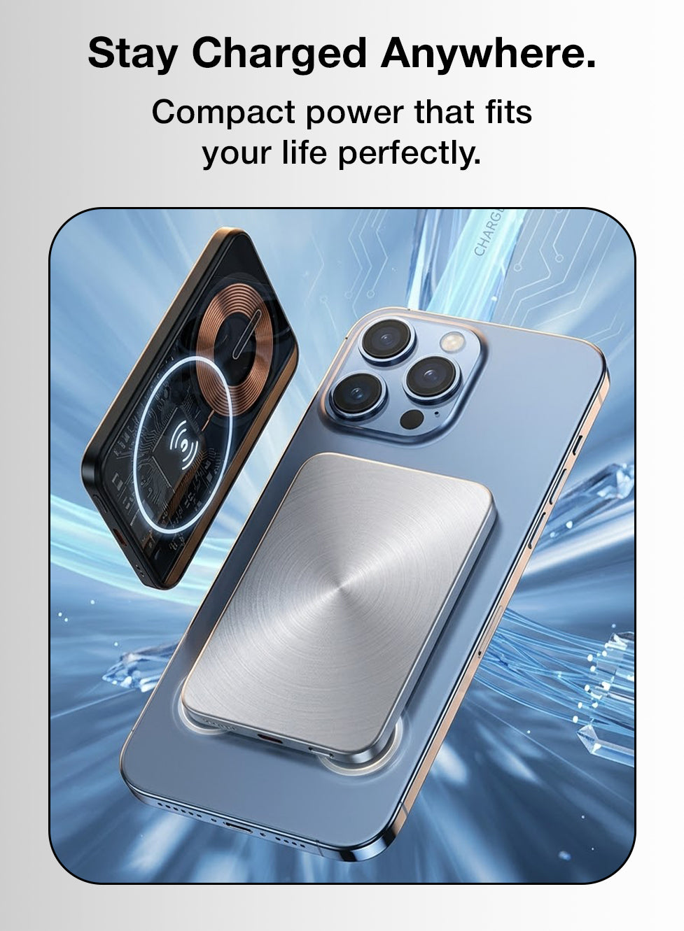 Phone case with wireless charging pad on a blue water background