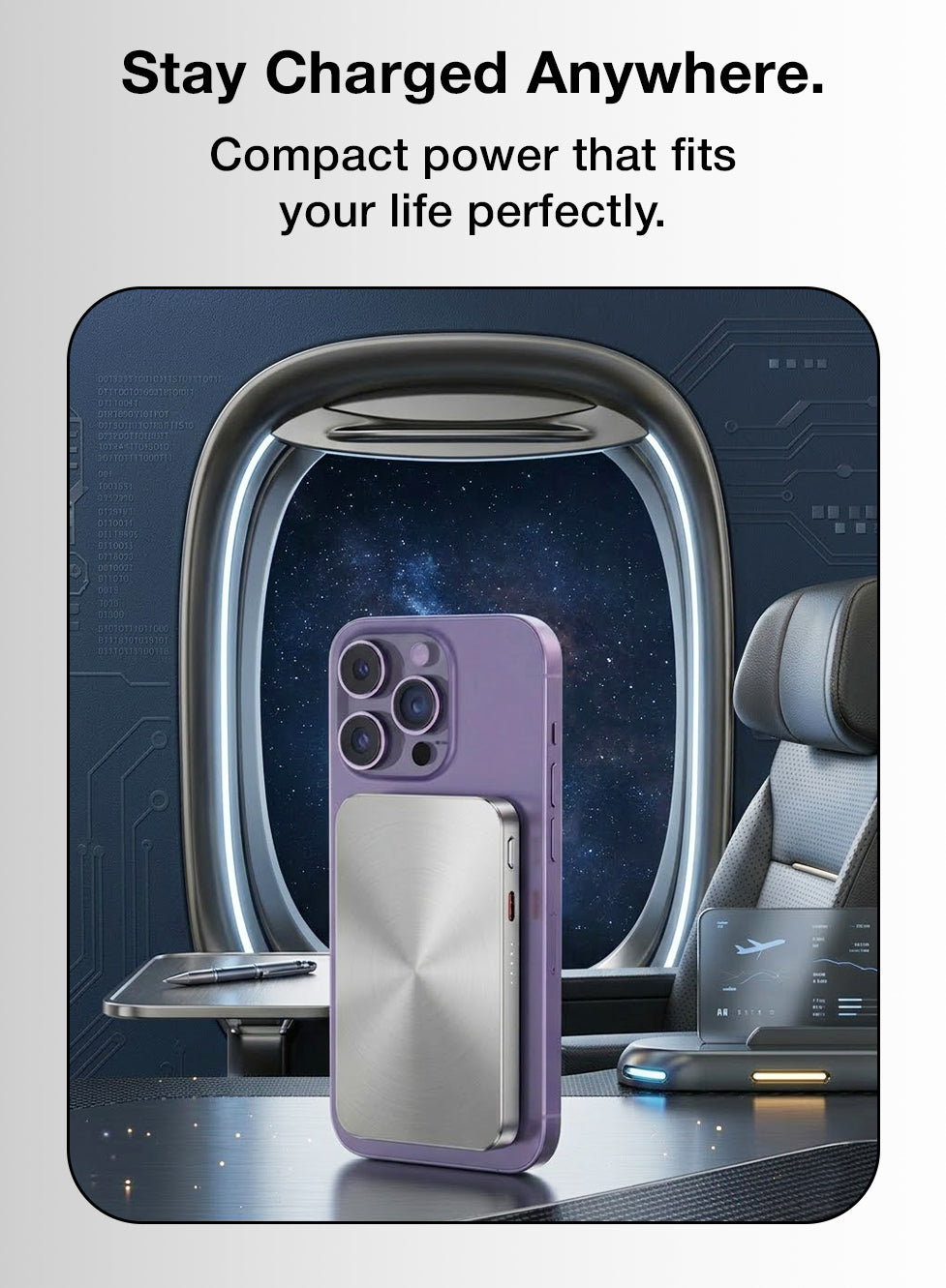 Purple phone case with text 'Stay Charged Anywhere' on a futuristic background
