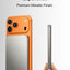 Orange phone case with metallic finish held by a hand on a light gray background