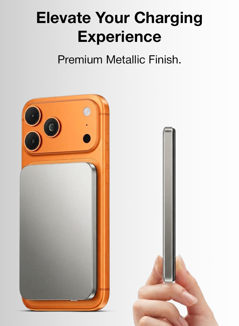 Orange phone case with metallic finish held by a hand on a light gray background
