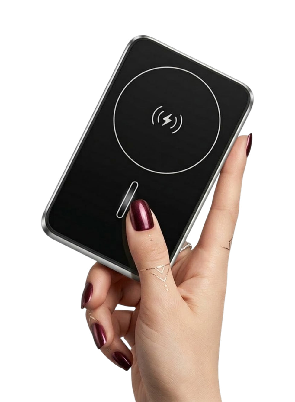 Hand holding a wireless charging device with a white background