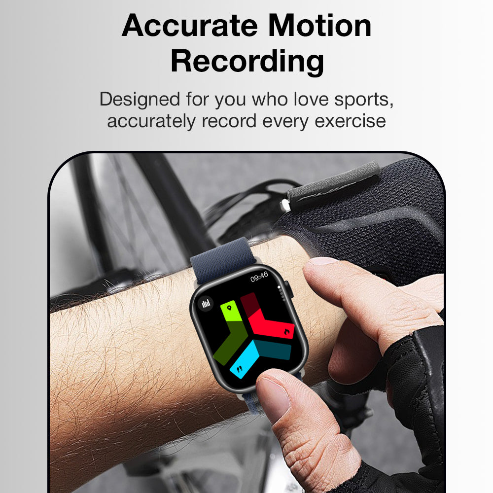 Smartwatch on a person's wrist with a colorful display, worn while cycling.