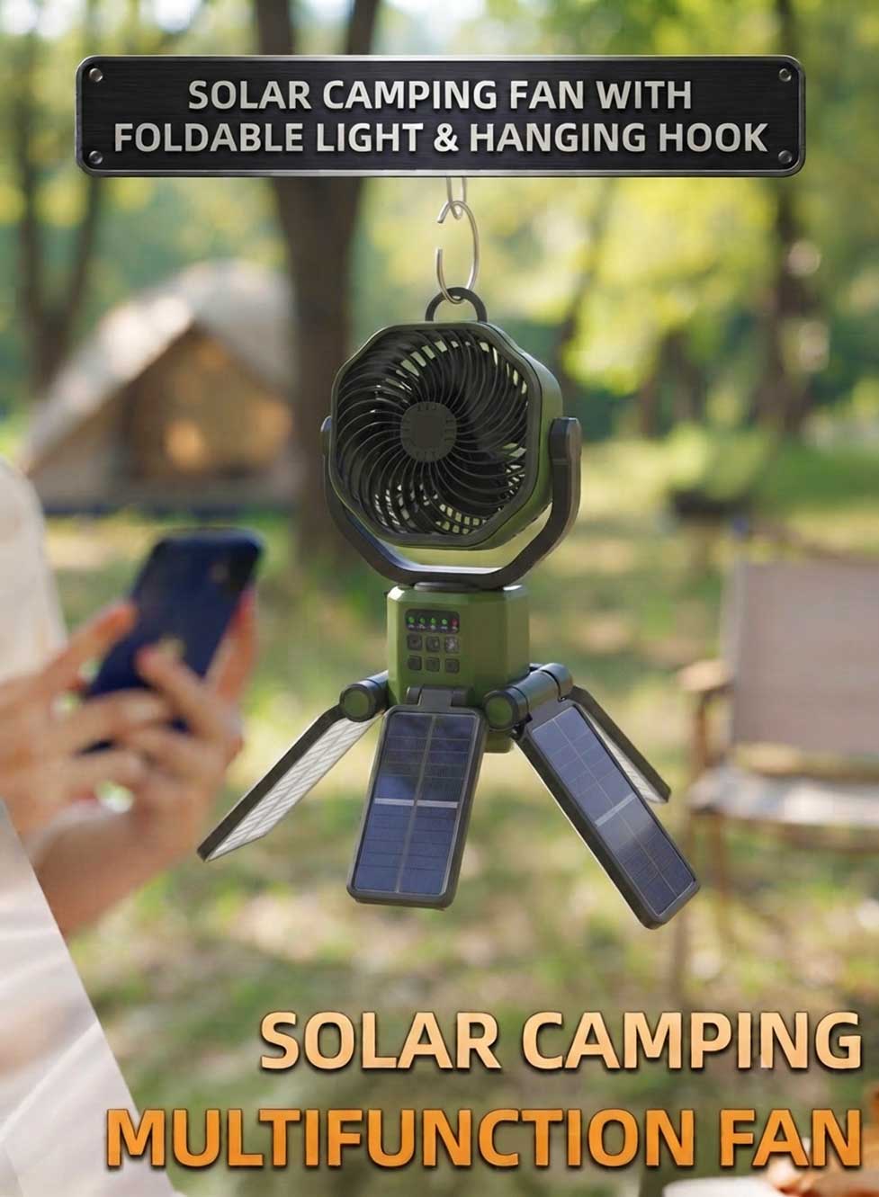 Glassology Solar Camping Multifunction Fan with Stand, Portable Outdoor Fan with Built-In Power Bank, USB Output, Multi-Angle Rotation & LED Lights for Camping, Hiking, Picnic, Garden & Outdoor Use