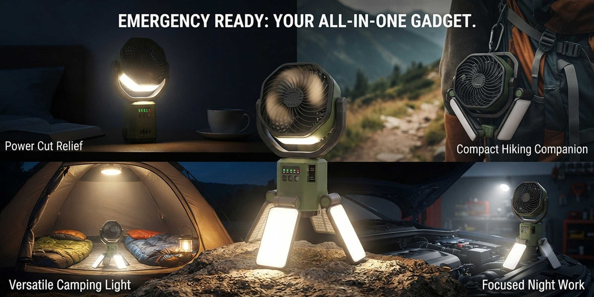 Glassology Solar Camping Multifunction Fan with Stand, Portable Outdoor Fan with Built-In Power Bank, USB Output, Multi-Angle Rotation & LED Lights for Camping, Hiking, Picnic, Garden & Outdoor Use