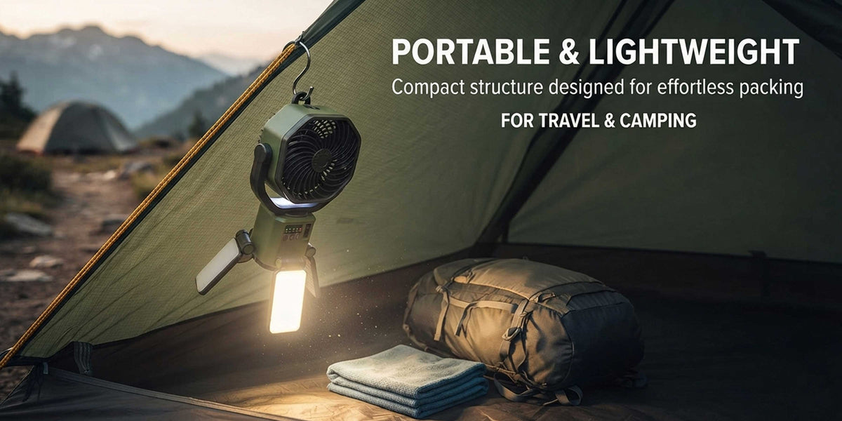 Glassology Solar Camping Multifunction Fan with Stand, Portable Outdoor Fan with Built-In Power Bank, USB Output, Multi-Angle Rotation & LED Lights for Camping, Hiking, Picnic, Garden & Outdoor Use