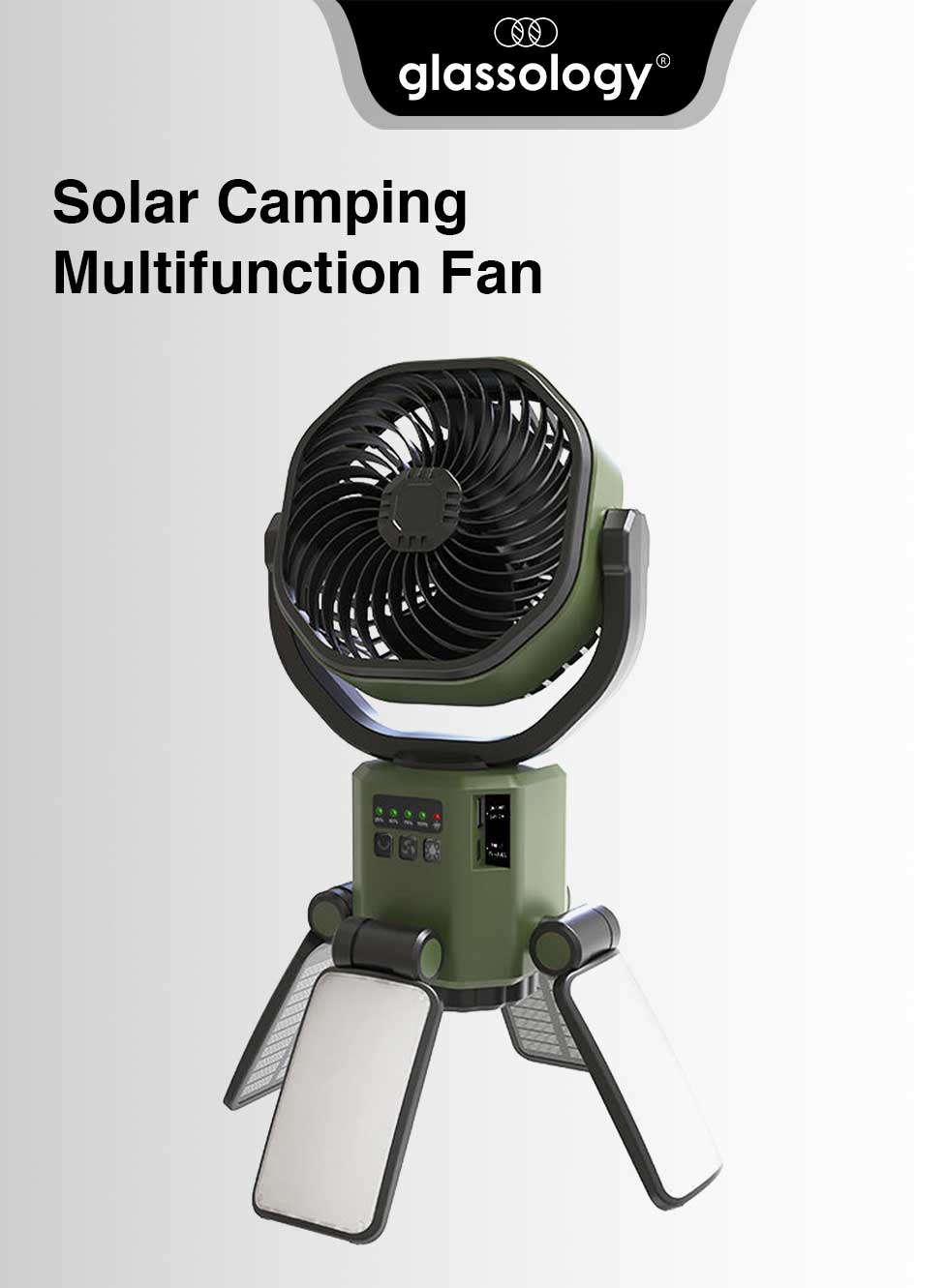 Glassology Solar Camping Multifunction Fan with Stand, Portable Outdoor Fan with Built-In Power Bank, USB Output, Multi-Angle Rotation & LED Lights for Camping, Hiking, Picnic, Garden & Outdoor Use
