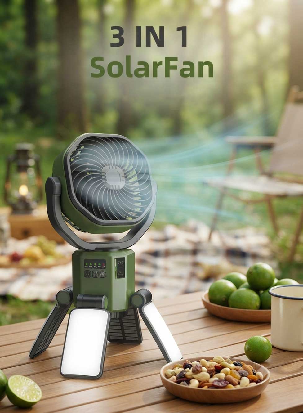 Glassology Solar Camping Multifunction Fan with Stand, Portable Outdoor Fan with Built-In Power Bank, USB Output, Multi-Angle Rotation & LED Lights for Camping, Hiking, Picnic, Garden & Outdoor Use