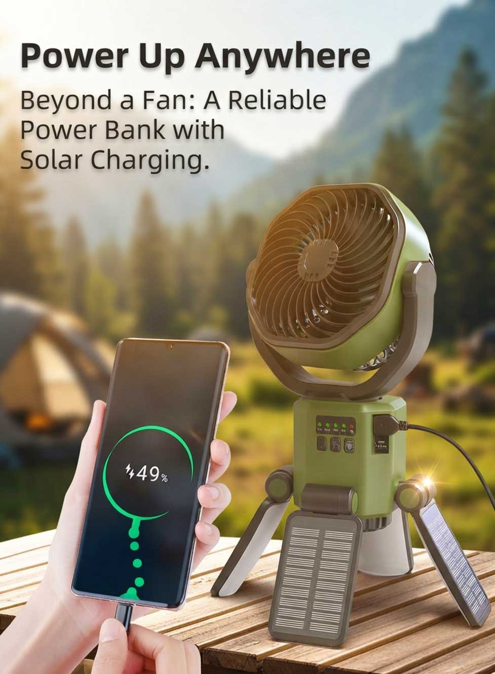 Glassology Solar Camping Multifunction Fan with Stand, Portable Outdoor Fan with Built-In Power Bank, USB Output, Multi-Angle Rotation & LED Lights for Camping, Hiking, Picnic, Garden & Outdoor Use